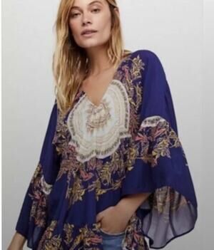 Free People Sunset Dreams Tunic Top Blue Boho Peasant Flowy Oversized Small